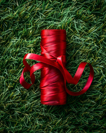 Top View of Red Ribbon Roll on Lush Green Grass Background Creative Concept for Eco Friendly Gift Wrapping and Festive Celebrations AI Generativeの素材
