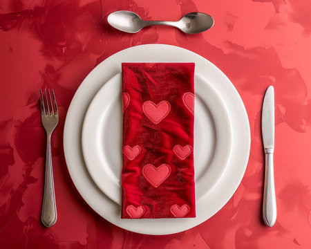 Festive Valentine&#39;s Day Dining Table Setting with Heart Decorations on Red Background AI Generativeの素材