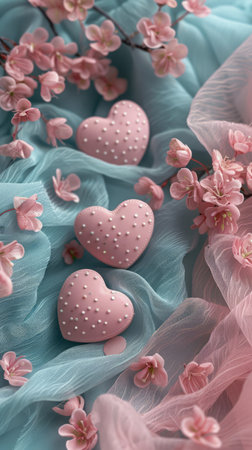 Romantic Pink Heart Shaped Objects and Cherry Blossoms Over Soft Blue Textured Background for Valentine&#39;s Day or Wedding AI Generativeの素材