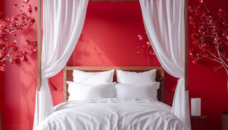 Romantic Red Bedroom Interior with White Bedding and Flowing Sheer Curtains AI Generativeの素材