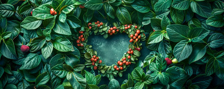 Lush Green Foliage Background with Vibrant Red Berries Forming a Heart Shape Nature Love Conceptual Image AI Generativeの素材