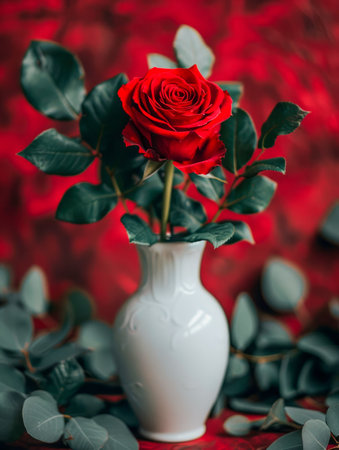 Vibrant Single Red Rose in White Vase with Green Leaves on Deep Red Background, Floral Beauty and Romance Concept AI Generativeの素材