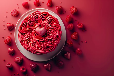 Romantic Valentine&#39;s Day Background with Heart Shaped Chocolate Box and Scattered Strawberries on Red AI Generativeの素材