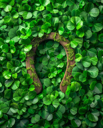 Lush Green Clover Leaves Background with Environmental Rustic Wooden Horseshoe, Nature and Luck Concept AI Generativeの素材