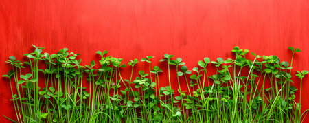 Vibrant young green plants growing against a bright red textured wooden background gardening and nature concept AI Generativeの素材