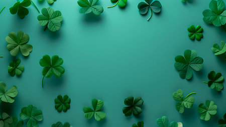 Vibrant Green Clover Leaves Spread on a Teal Background for St Patrick&#39;s Day Festive Designs and Spring Themes AI Generativeの素材