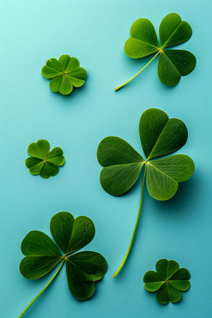 Vibrant Green Four Leaf Clover Collection on Blue Background for Good Luck Themes and Saint Patrick&#39;s Day Celebrations AI Generativeの素材