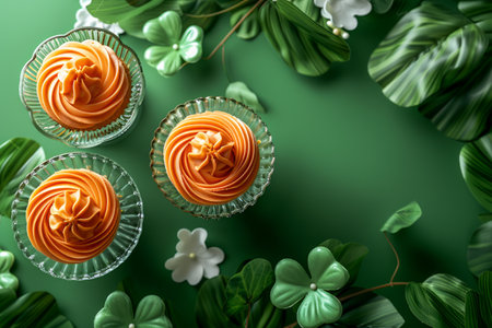 Top View of Orange Cupcakes on Green Background with Tropical Leaves and White Flowers for Spring AI Generativeの素材
