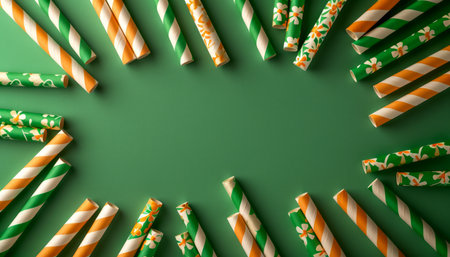 Vibrant St Patrick's Day Themed Background with Orange and Green Paper Straws Spread on Plain Green Surface AI Generativeの素材