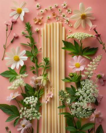 Italian Raw Pasta with Scattered Spring Flowers and Greenery on a Pastel Pink Background AI Generativeの素材