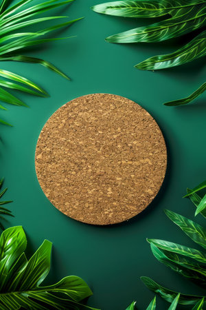 Circular Cork Coaster on Green Background Surrounded by Tropical Palm Leaves Eco Friendly Tableware Concept AI Generativeの素材