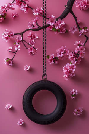 Creative Spring Concept with Tire Swing and Cherry Blossoms on Pink Background Nature and Transportation Fusion AI Generativeの素材
