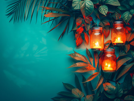 Serene Tropical Ambiance with Lit Candles Among Lush Greenery and Red Foliage on Aqua Background AI Generativeの素材