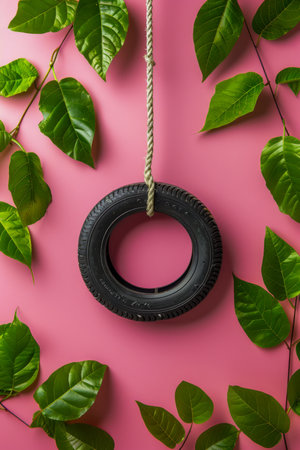 Green Leafy Branches Around Hanging Black Tire Swing on a Vibrant Pink Background Conceptual Nature and Play AI Generativeの素材