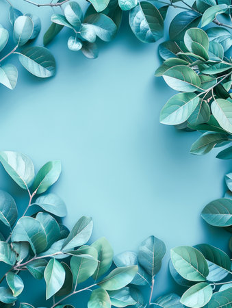 Fresh Eucalyptus Leaves Frame on Soft Blue Background with Copy Space for Spa and Wellness Concepts AI Generativeの素材