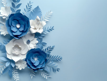 Elegant Paper Crafted Flowers and Leaves on a Pastel Blue Background for Invitations and Cards AI Generativeの素材