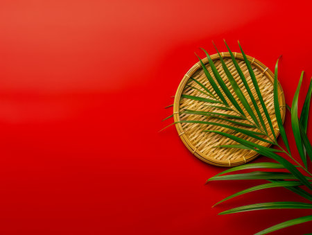 Vibrant Red Background with Tropical Palm Leaf and Wicker Plate for Creative Composition or Design Use AI Generativeの素材