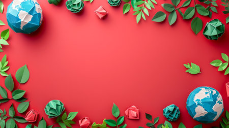 Eco friendly Paper Craft Earth Globes on Red Background with Green Leaves and Geometric Shapes for Environment Concept AI Generativeの素材