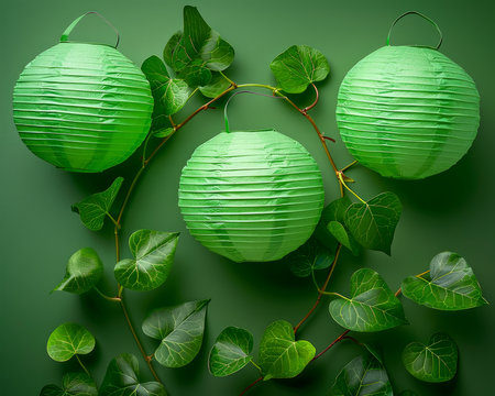 Green Paper Lanterns Surrounded by Ivy Leaves on a Vibrant Green Background for Eco Friendly Celebration Concept AI Generativeの素材