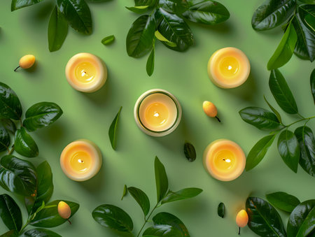Serene Spa and Wellness Background with Lit Candles and Fresh Green Leaves on Pastel Green Surface AI Generativeの素材