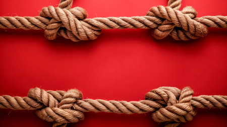 High Quality Nautical Knots on Thick Ropes with a Vivid Red Background for Marine Concepts AI Generativeの素材