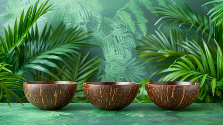 Rustic Wooden Bowls on a Lush Tropical Leaf Background with Natural Green Tones and Textured Wood Detail AI Generativeの素材