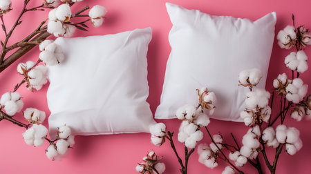 White Fluffy Pillows and Cotton Branches on a Pastel Pink Background for Cozy Home Decor AI Generativeの素材