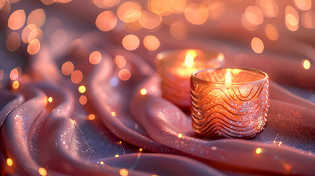 Serene Atmosphere with Golden Lit Candles on Textured Drapery with Warm Glowing Bokeh Lights Backdrop AI Generativeの素材