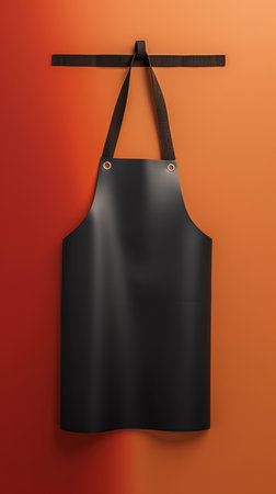 Black Leather Apron Hanging on Hook Against Orange Background in Vertical Orientation for Culinary and Craftsmanship Concepts AI Generativeの素材