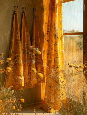 Cozy Home Interior with Warm Golden Curtains and Wildflowers by Sunny Window AI Generativeの素材
