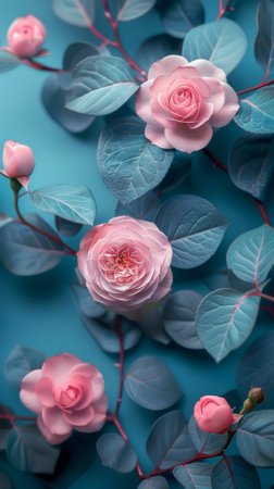 Elegant Pink Roses on a Turquoise Background with Lush Leaves and Subtle Shadows Floral Wallpaper Design AI Generativeの素材