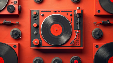 Vintage Turntable with Vinyl Records on a Red Background, Classic DJ Equipment, Music Entertainment Theme AI Generativeの素材