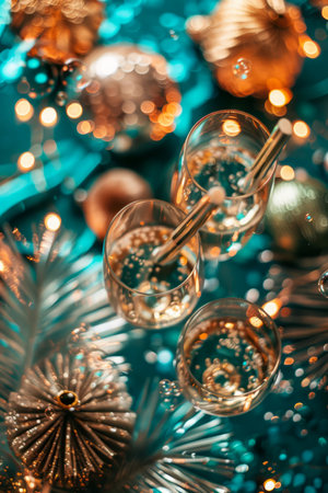 Festive Holiday Celebrations with Champagne Glasses Amidst Sparkling Turquoise and Gold Decorations AI Generativeの素材