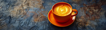 Top View of a Hot Latte with Artful Foam in an Orange Cup on a Textured Blue Background AI Generativeの素材