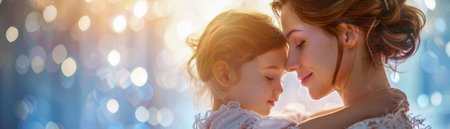 Tender Embrace Between Mother and Child Illuminated by Warm Light, Expressing Love and Affection, Perfect Moment Captured in Ethereal Glow AI Generativeの素材