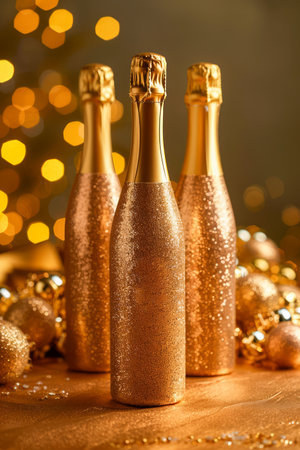 Golden Glittery Champagne Bottles with Festive Bokeh Lights for Elegant Celebration Background AI Generativeの素材