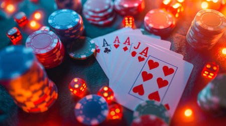 Vibrant Casino Night with Poker Chips, Playing Cards, and Colorful Bokeh Lights Background AI Generativeの素材