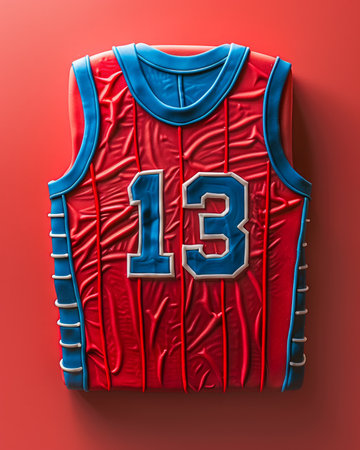 Vibrant Red and Blue Basketball Jersey Number 13 Hanging on Orange Background in Vertical Orientation AI Generativeの素材