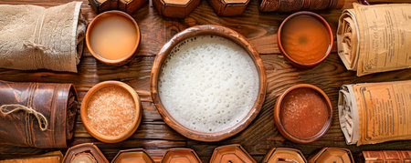Assorted Natural Organic Spices in Wooden Bowls on Rustic Table for Gourmet Cooking AI Generativeの素材