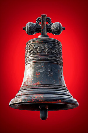 Antique Bronze Bell with Ornate Engravings Isolated on Vibrant Red Background, Historical Art Object AI Generativeの素材