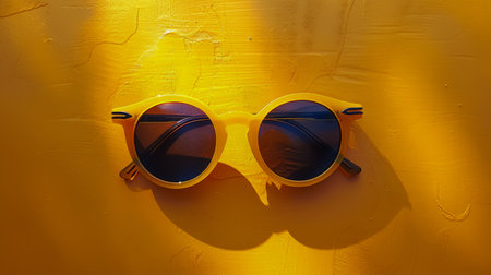 Bright Summer Vibes with Trendy Yellow Sunglasses on Vibrant Orange Background, Perfect for Sunny Days and Fashion Concepts AI Generativeの素材
