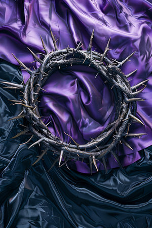 Dramatic Crown of Thorns on Purple Silk Fabric Background Symbolizing Passion of Christ AI Generativeの素材