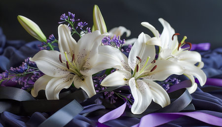 Elegant White Lilies and Purple Flowers on Textured Woven Background AI Generativeの素材
