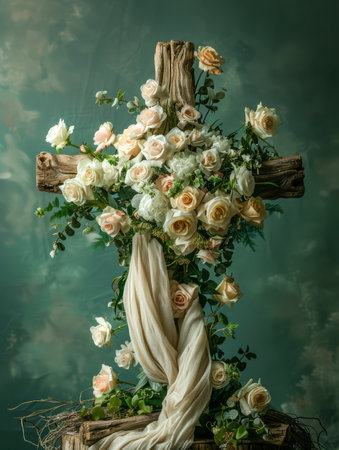 Elegant Floral Cross Decoration with White Roses and Drapery Against a Vintage Green Backdrop for Ceremonies and Memorials AI Generativeの素材