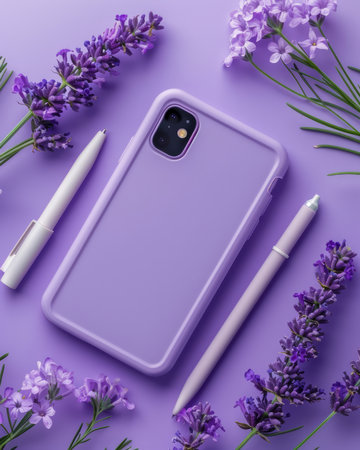 Elegant Smartphone with Lavender Case and Stylish Accessories on a Purple Background AI Generativeの素材