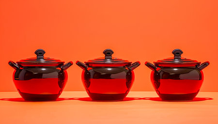 Vibrant Red and Black Ceramic Pots with Lids on Orange Background for Modern Kitchenware Theme AI Generativeの素材