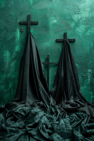 Dark Artistic Drapery with Crosses on Textured Green Background Abstract Spiritual Concept AI Generativeの素材