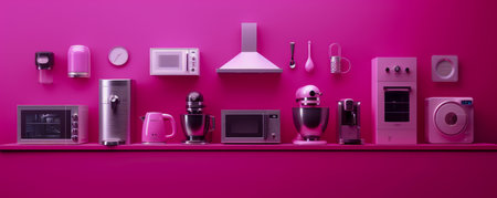 Modern Home Appliances Lined Up on Vibrant Pink Background in Minimalist Style AI Generativeの素材