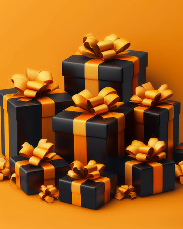 Pile of Elegant Blue Gift Boxes with Golden Ribbons on Vibrant Orange Background for Celebrations AI Generativeの素材