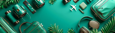 Tropical Summer Vacation Concept with Luggage and Travel Accessories on Green Background AI Generativeの素材